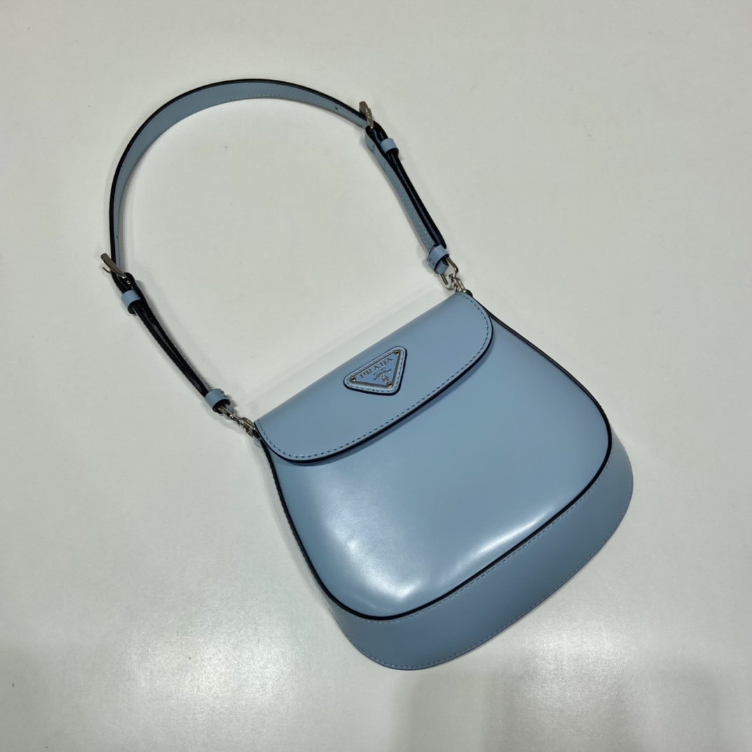 Prada Cleo Brushed Leather Shoulder Bag With Flap Light Blue 1BH188